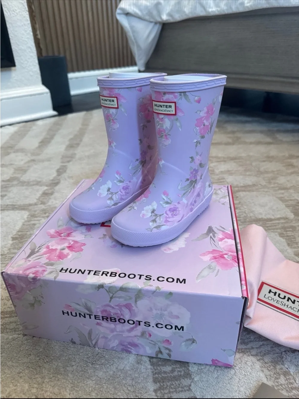 Hunter x LoveShackFancy Lilac Floral Kids Rain Boots size 9